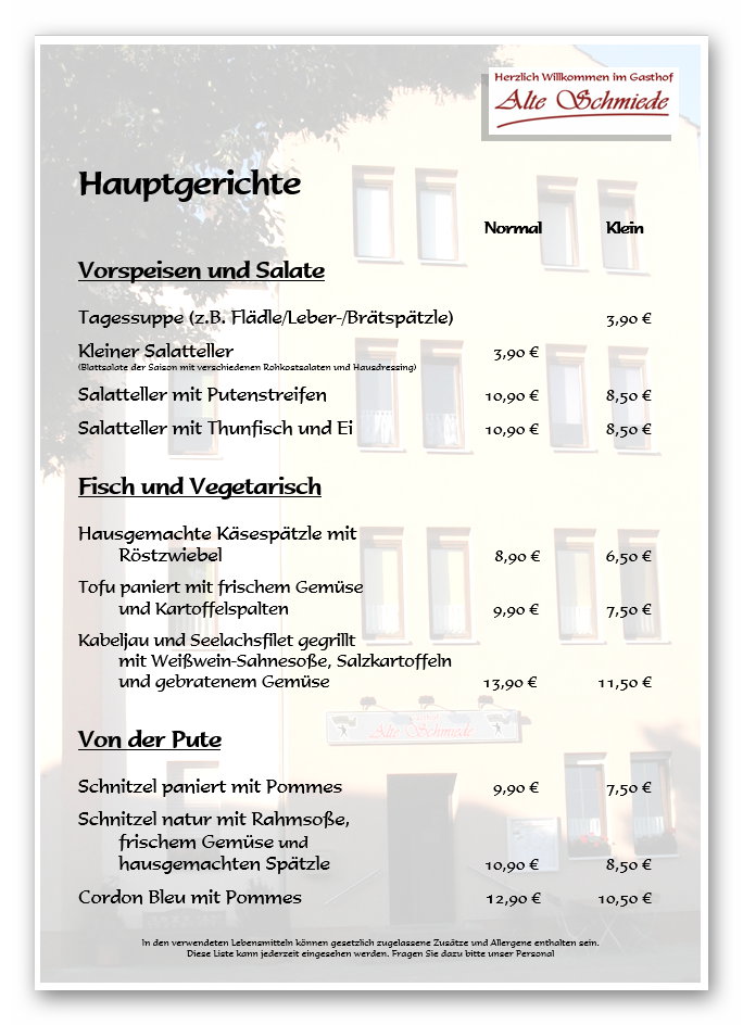Speisekarten Alte Schmiede